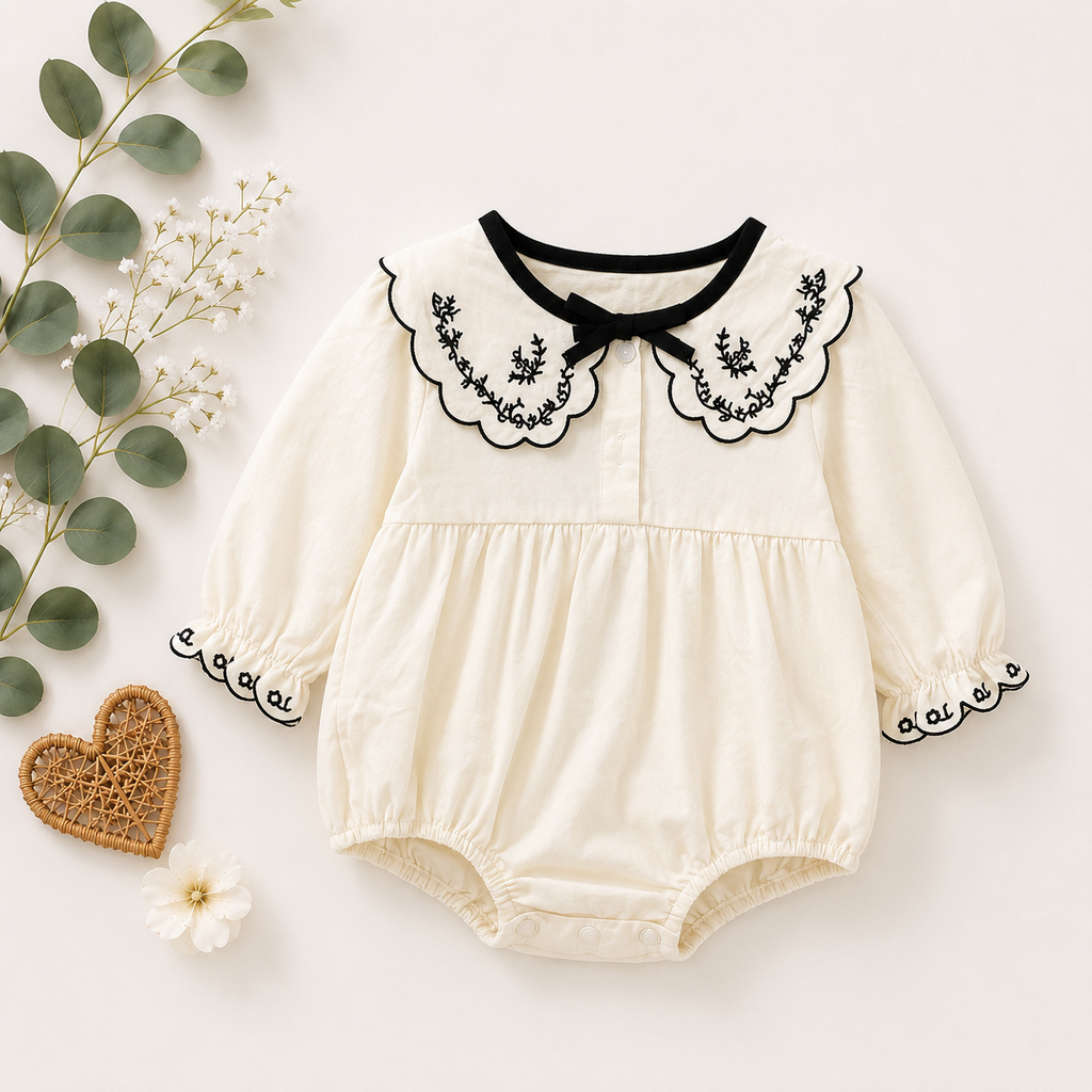 Premium Cream Baby Romper with Embroidered Lace Collar