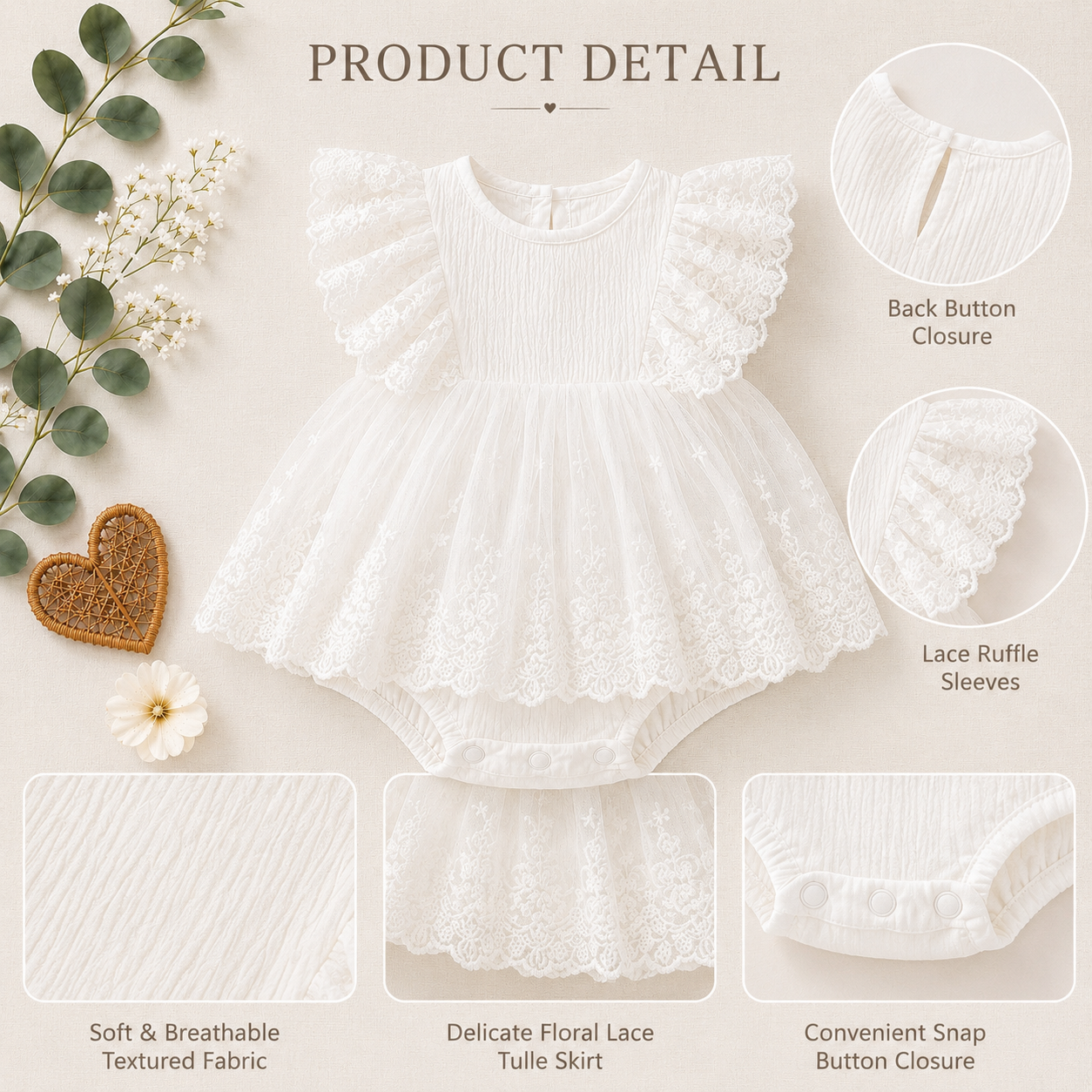 Elegant White Lace Baby Girl Dress & Headband Set
