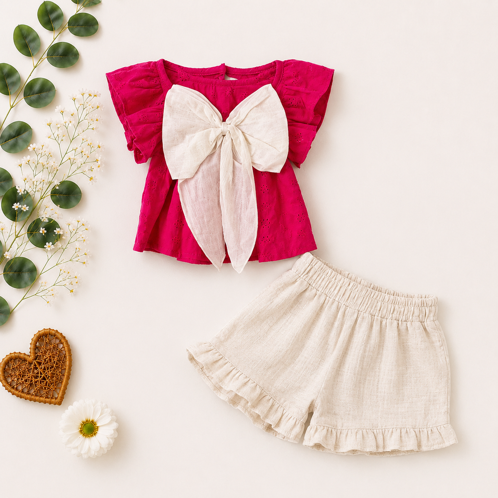 Vibrant Fuchsia Eyelet Flutter-Sleeve Top & Ruffled Shorts Set