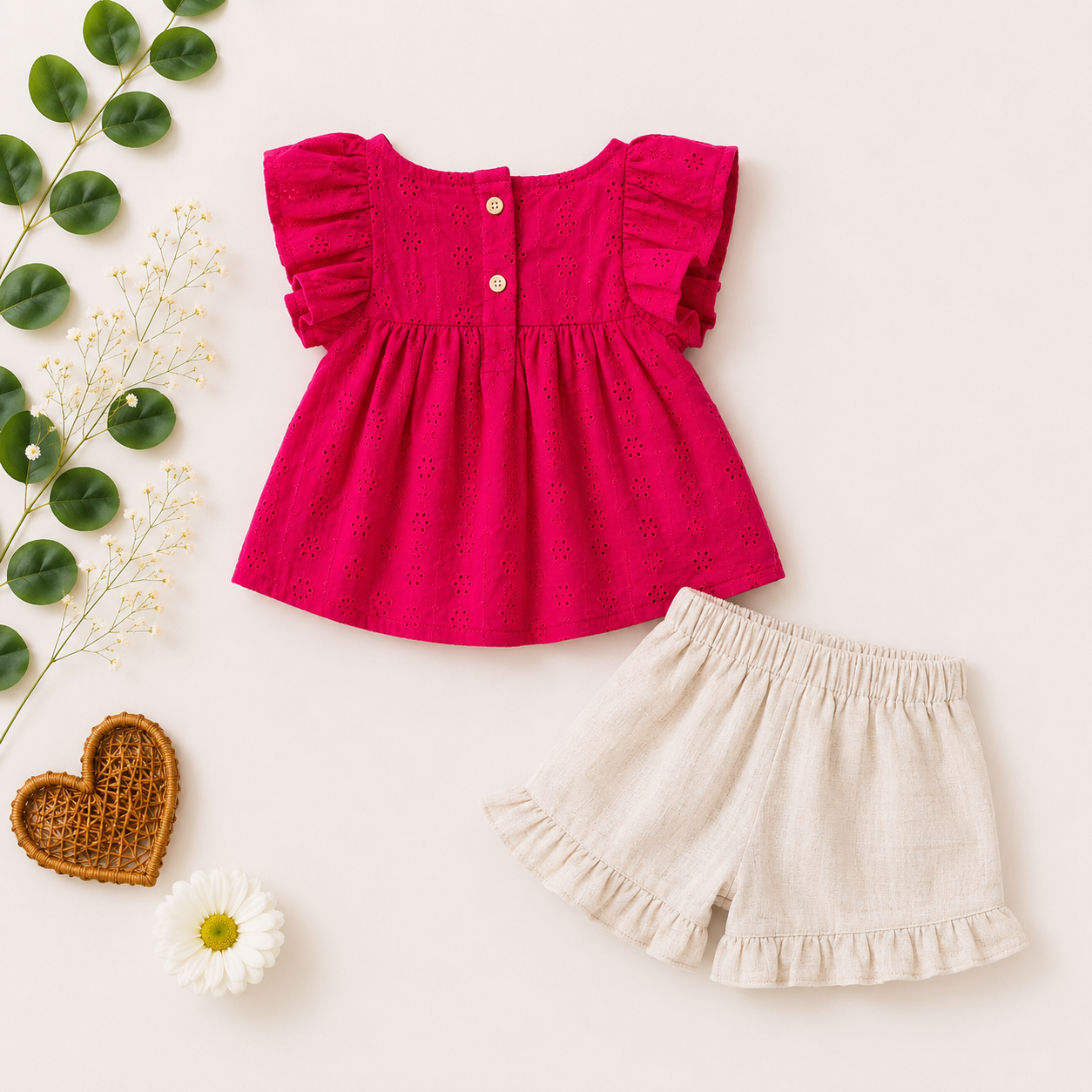 Vibrant Fuchsia Eyelet Flutter-Sleeve Top & Ruffled Shorts Set
