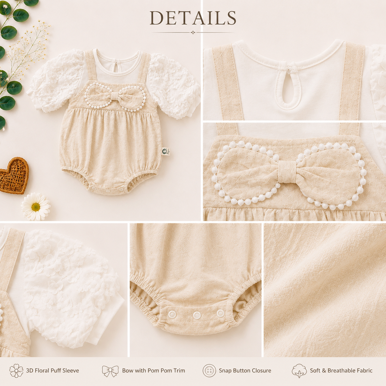 Baby Girl Puff Sleeve Bow Romper