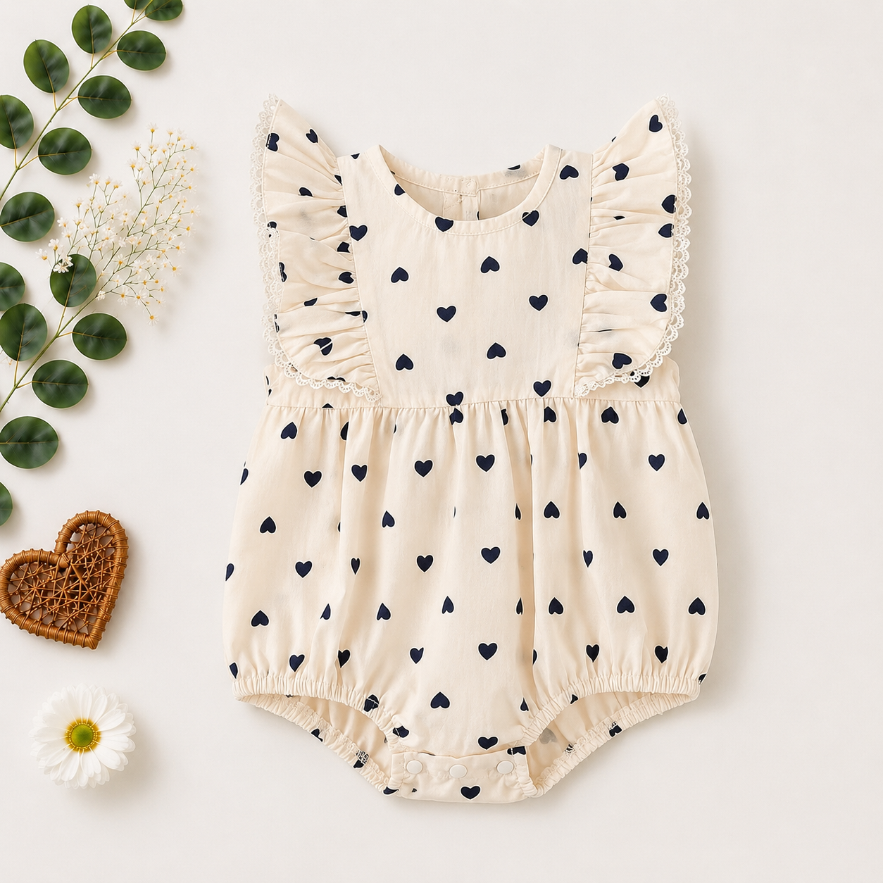 Ivory Heart Print Baby Romper with Ruffle Sleeves | Premium Baby Girl Partywear