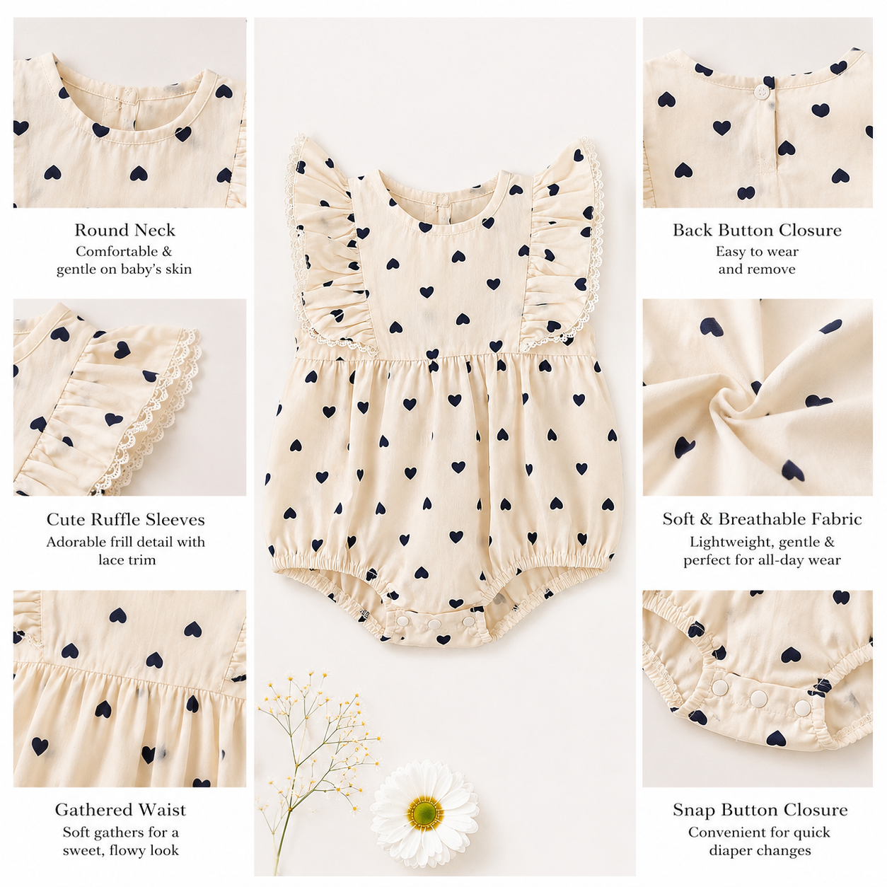 Ivory Heart Print Baby Romper with Ruffle Sleeves | Premium Baby Girl Partywear