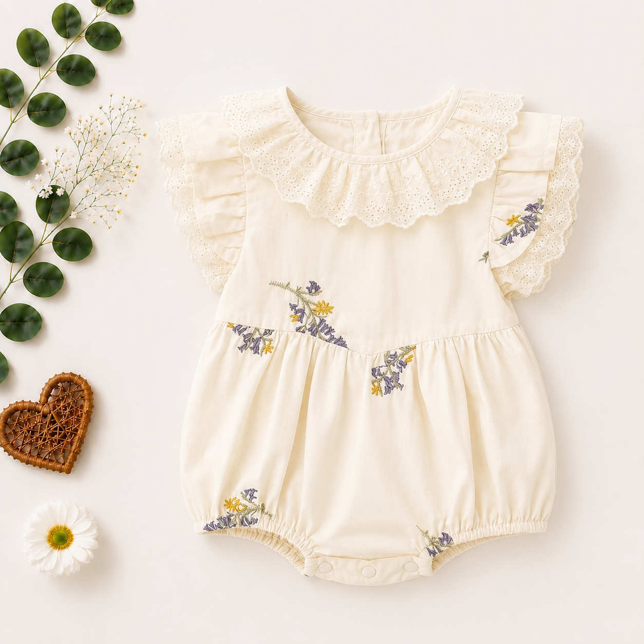 Ivory Floral Baby Romper with Lace Collar | Premium Baby Girl Partywear