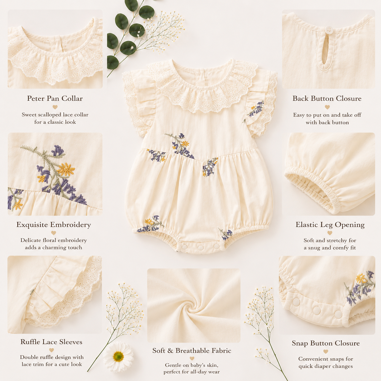 Ivory Floral Baby Romper with Lace Collar | Premium Baby Girl Partywear