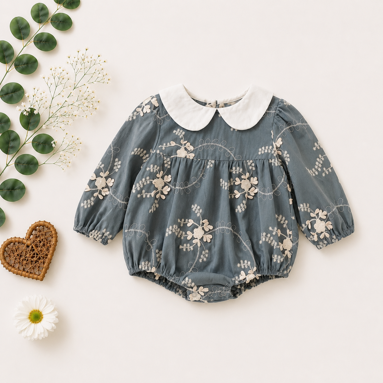 Floral Embroidered Baby Girl Romper with Peter Pan Collar