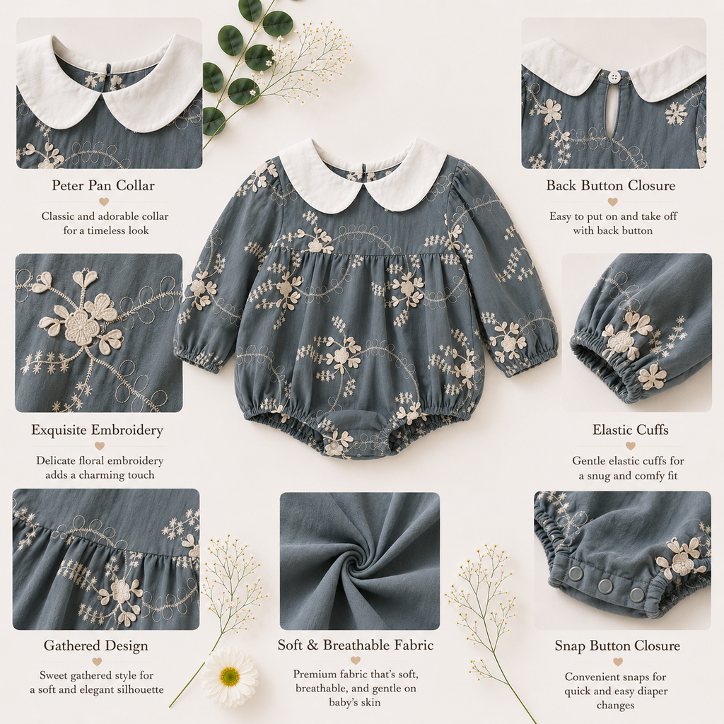 Floral Embroidered Baby Girl Romper with Peter Pan Collar