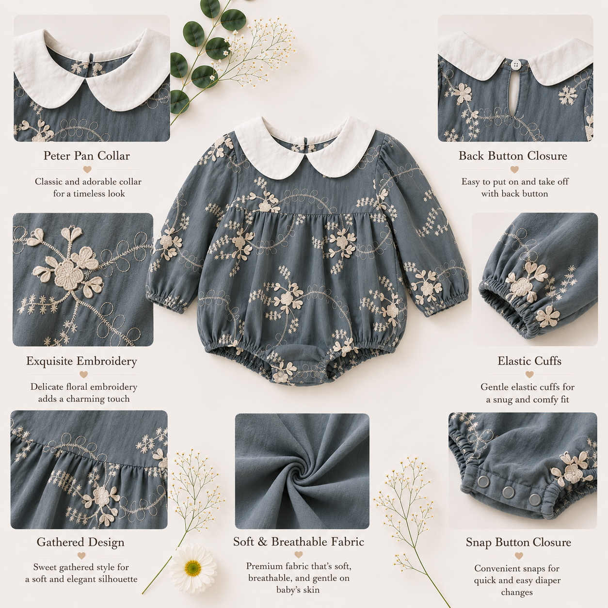 Floral Embroidered Baby Girl Romper with Peter Pan Collar
