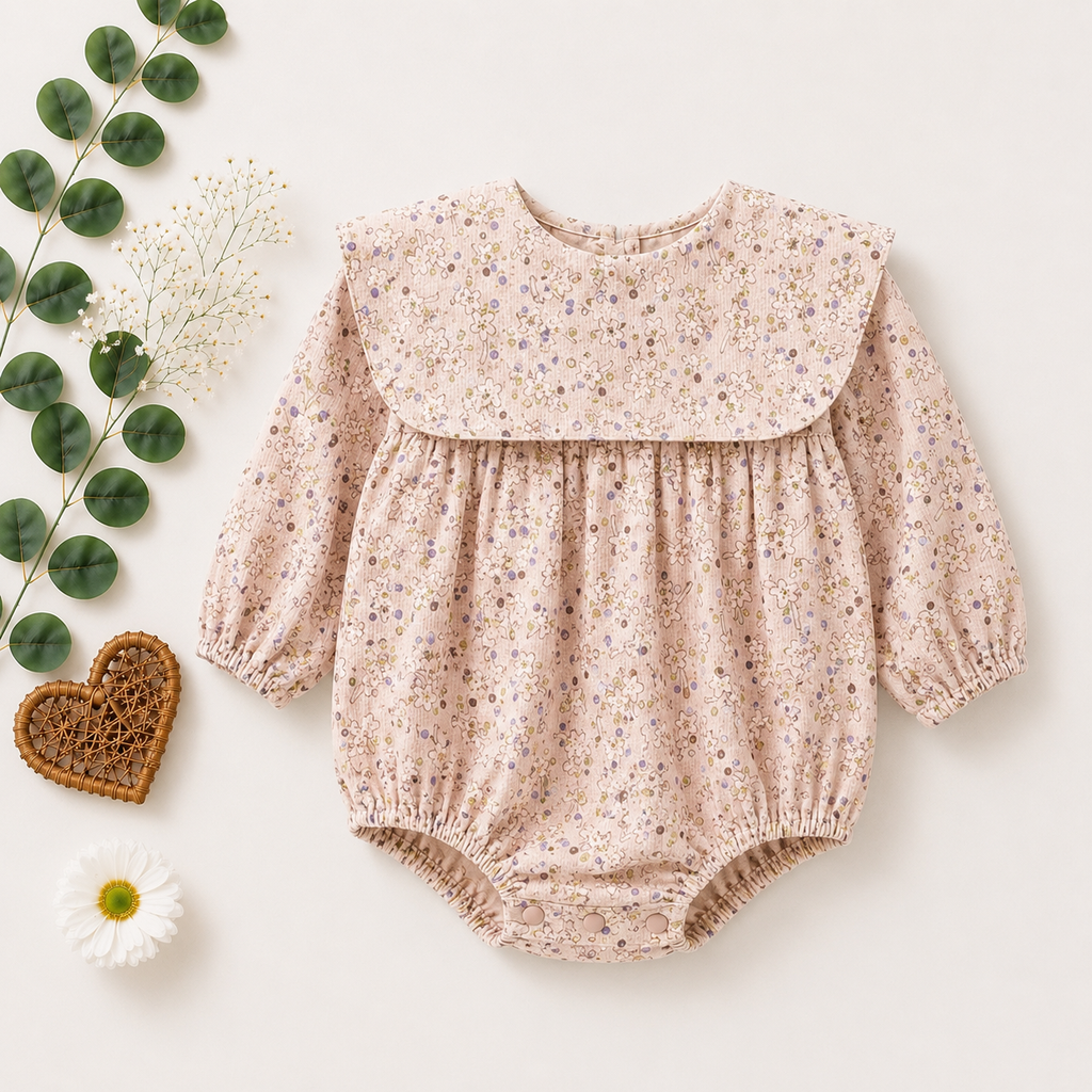 Peach Floral Baby Romper with Lace Yoke | Premium Baby Girl Partywear