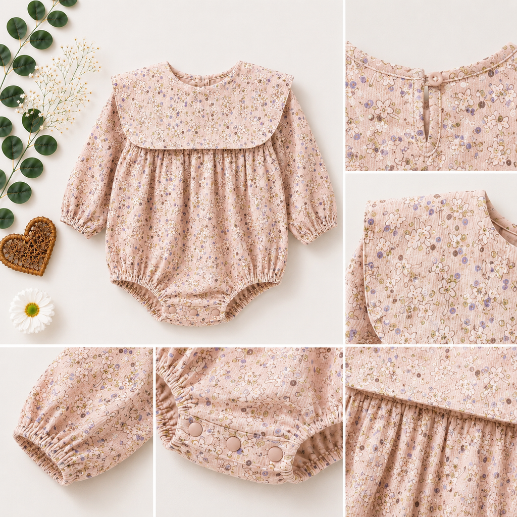 Peach Floral Baby Romper with Lace Yoke | Premium Baby Girl Partywear