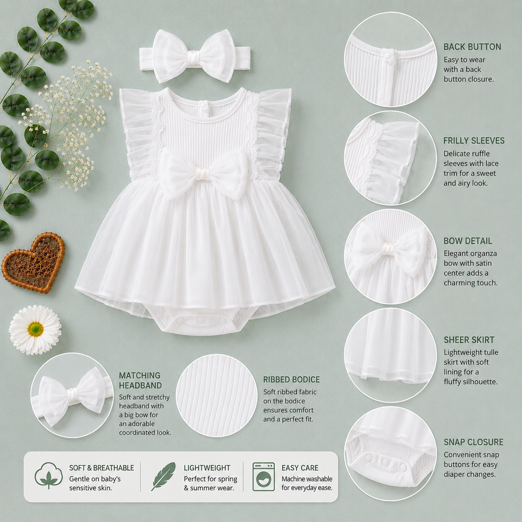 White Baby Party Dress with Bow & Headband | Premium Baby Girl Occasion Wear
