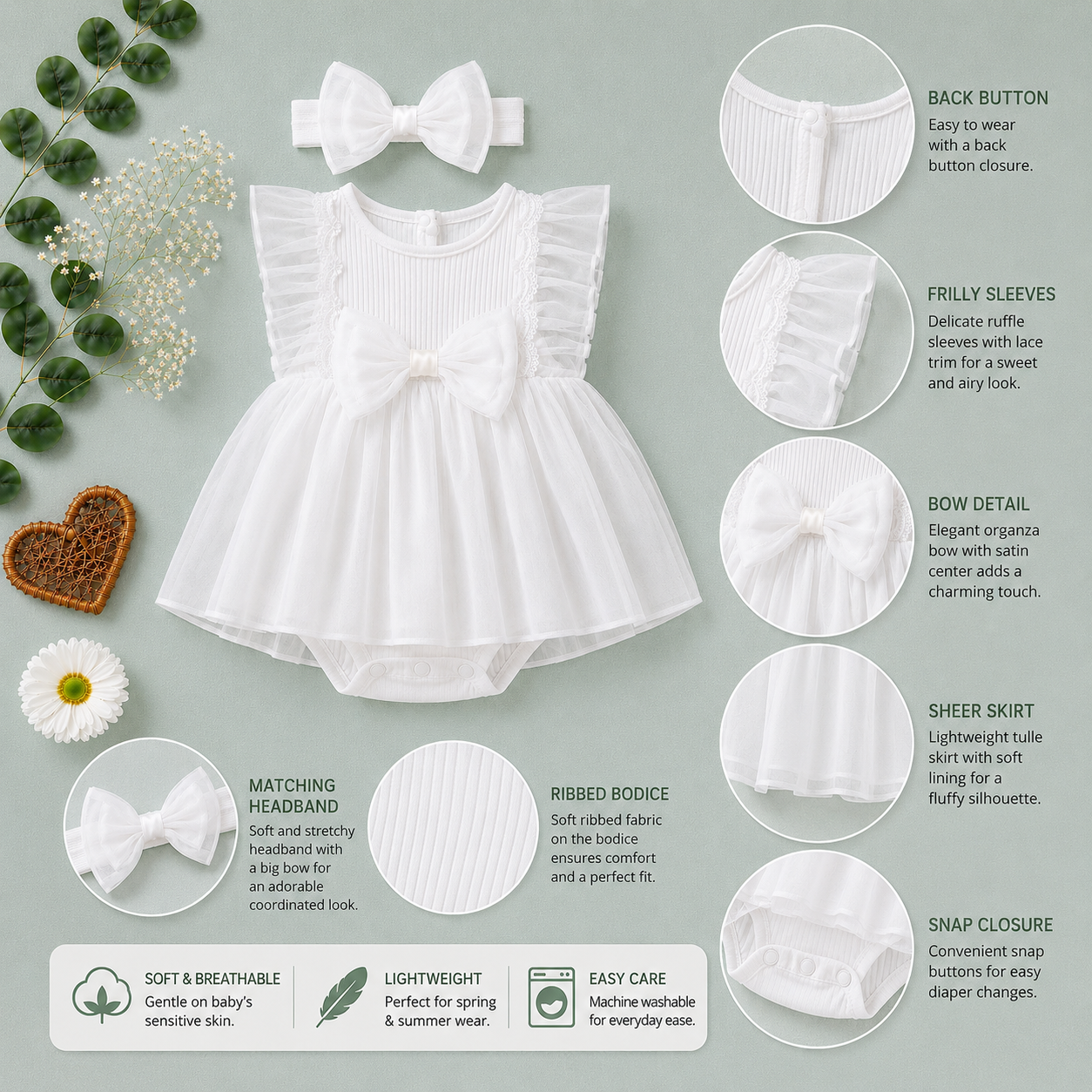 White Baby Party Dress with Bow & Headband | Premium Baby Girl Occasion Wear