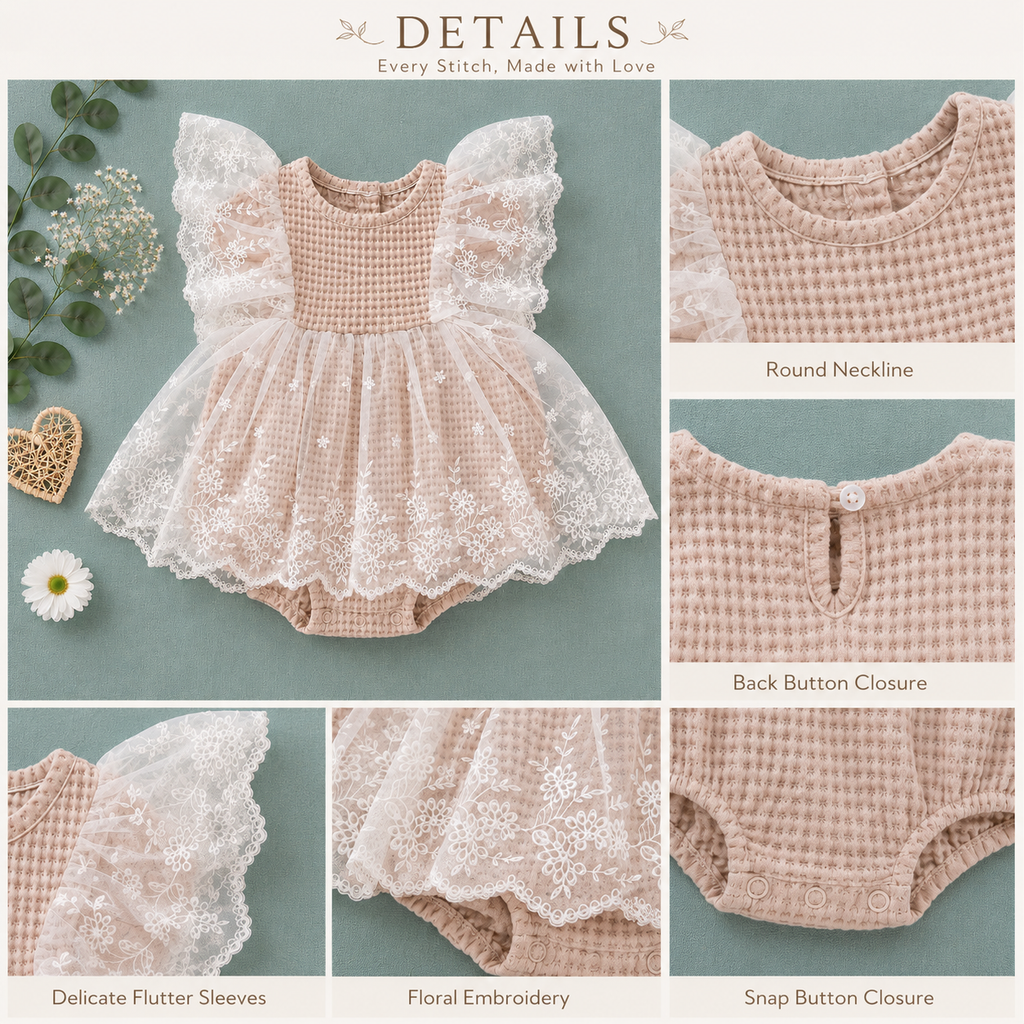 Ivory Lace Baby Dress Romper with Ruffle Sleeves | Premium Baby Girl Occasion Wear