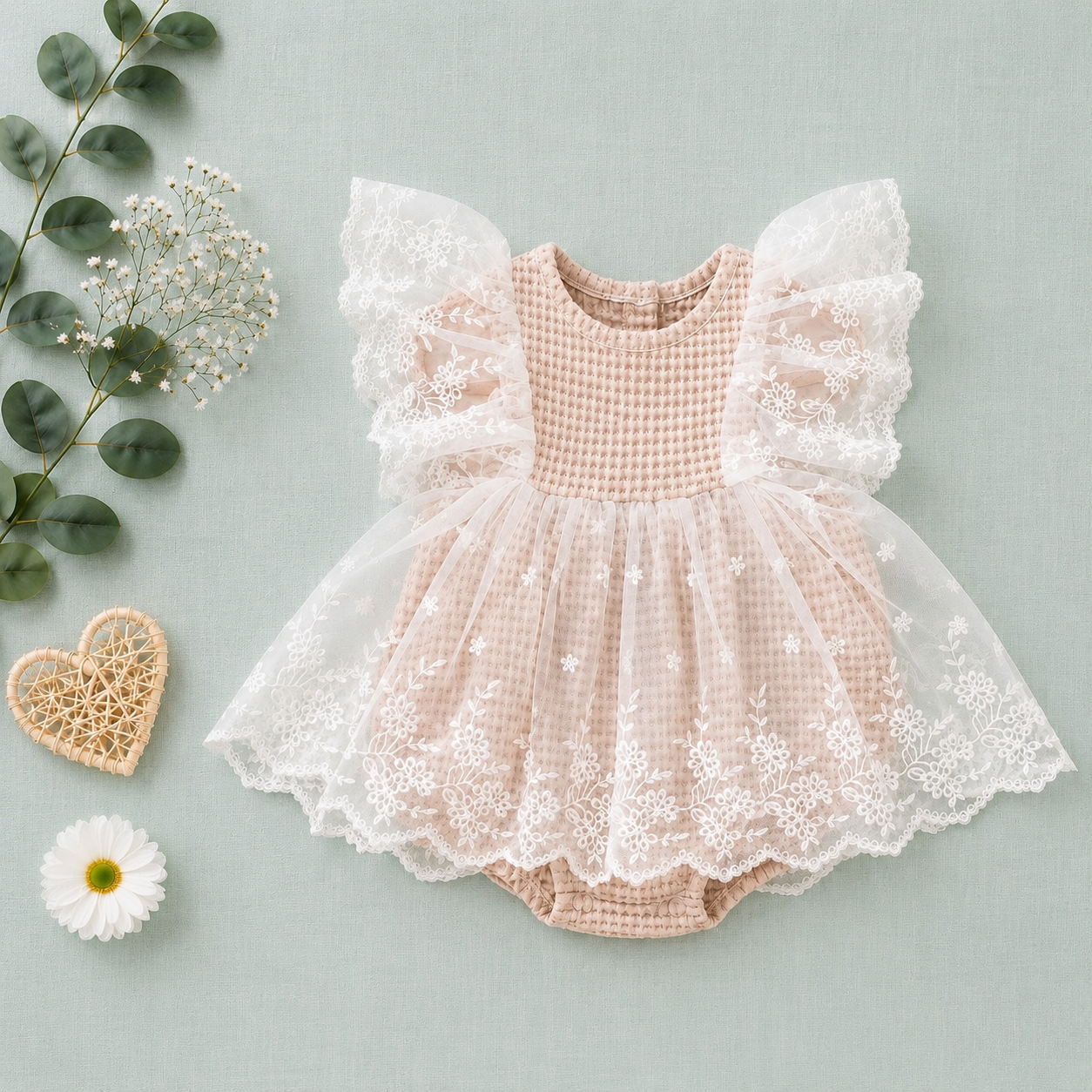 Ivory Lace Baby Dress Romper with Ruffle Sleeves | Premium Baby Girl Occasion Wear