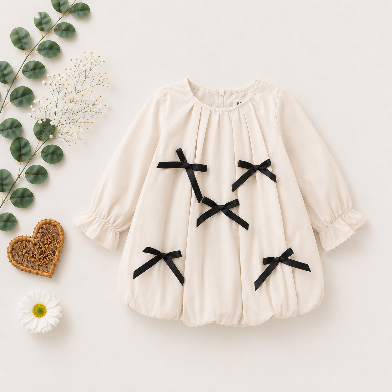 Ivory Long Sleeve Baby Girl Romper with Bow Details