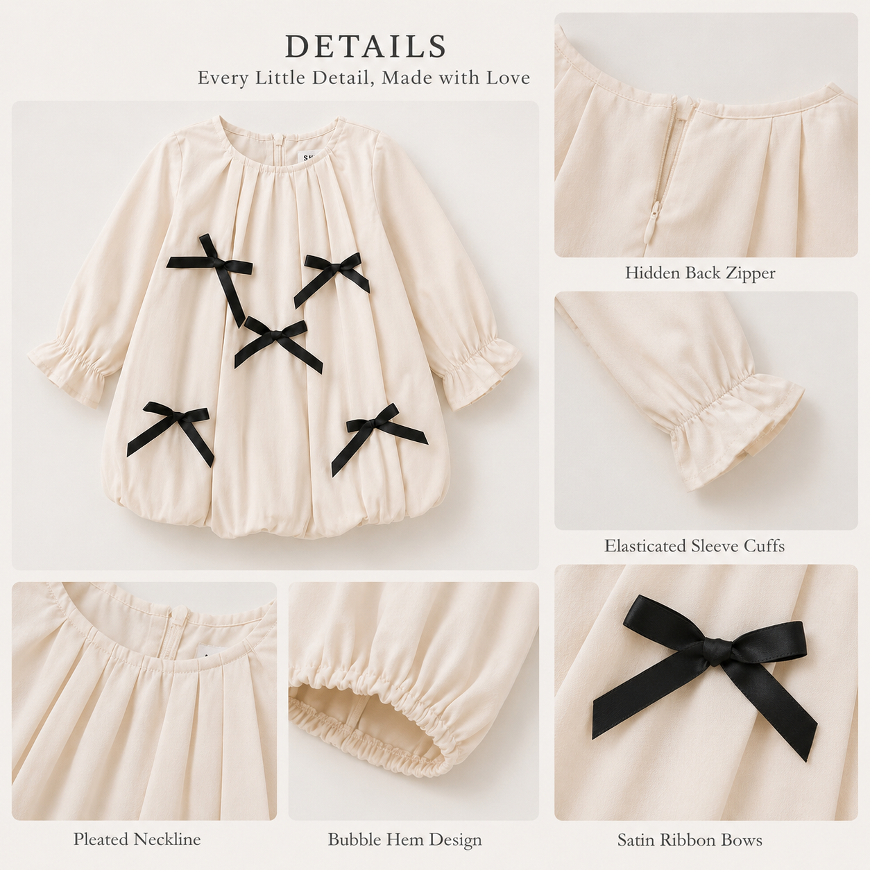 Ivory Long Sleeve Baby Girl Romper with Bow Details