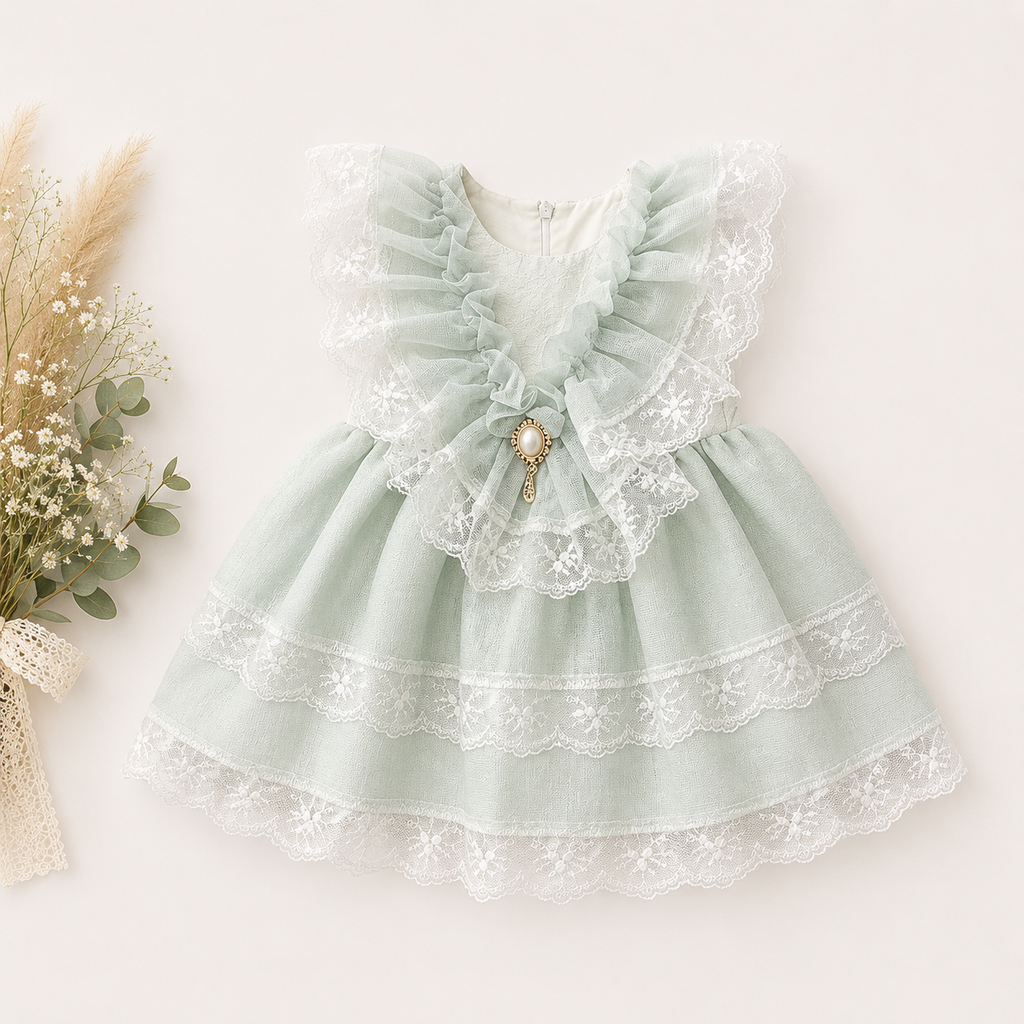 Icy Mint Pearl & Lace Tiered Party Dress
