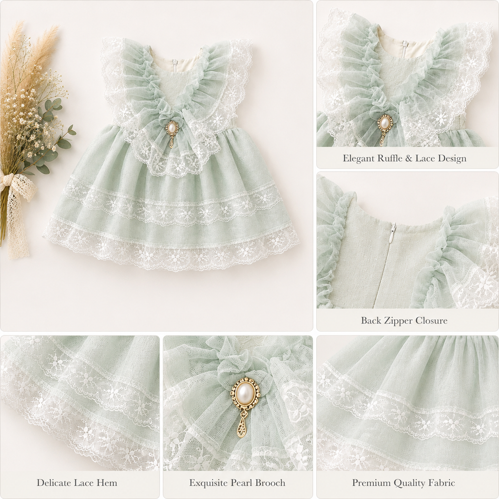 Icy Mint Pearl & Lace Tiered Party Dress