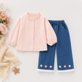 Girls Embroidered Flower Top & Denim Pants Set