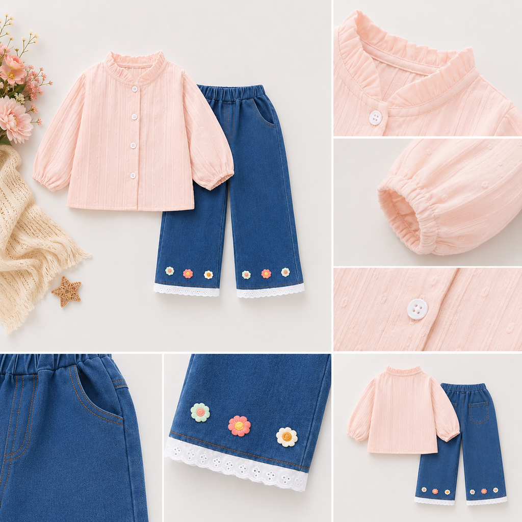 Girls Embroidered Flower Top & Denim Pants Set
