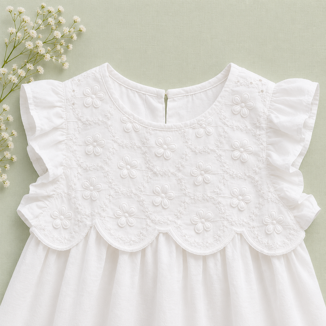 White Eyelet Top & Blue Pants Set