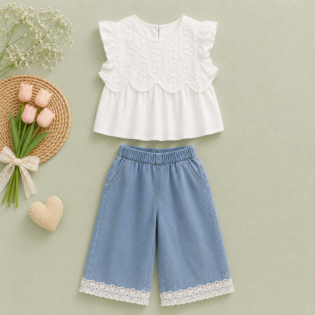 White Eyelet Top & Blue Pants Set