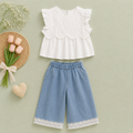 White Eyelet Top & Blue Pants Set