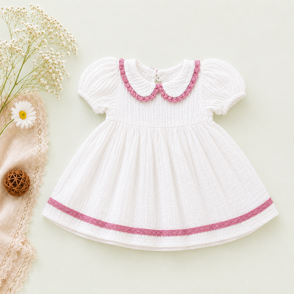 White Muslin Baby Girl Dress | Puff Sleeve Peter Pan Collar Dress (0–3 Years)