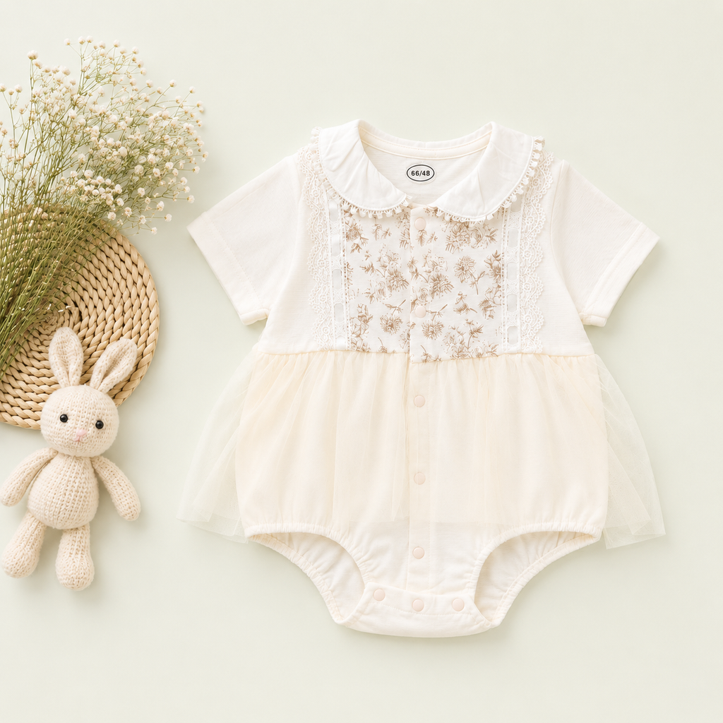 Cream Floral Embroidered Romper with Sheer Overlay