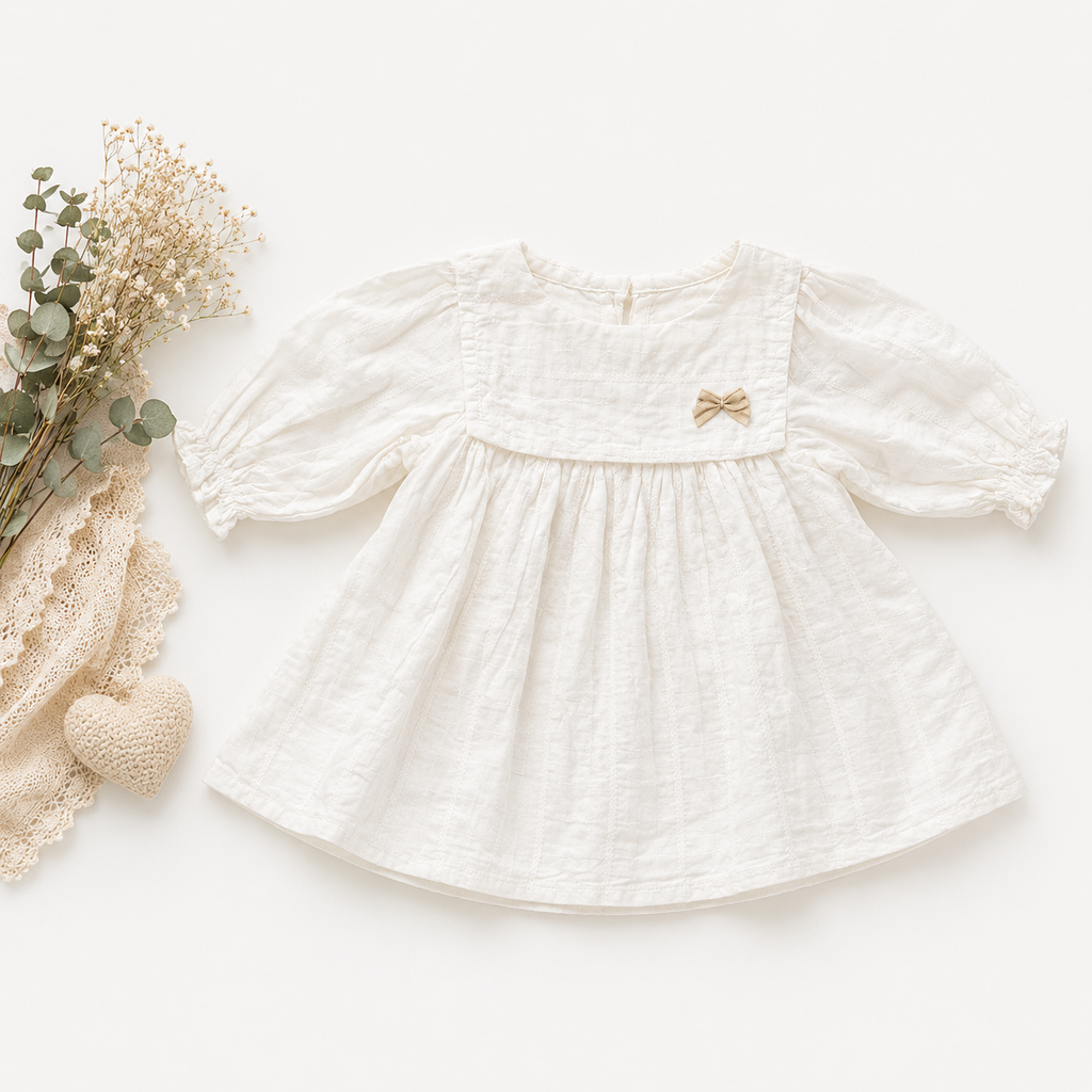 White Muslin Baby Girl Dress | Full Sleeve Puff Dress with Bow