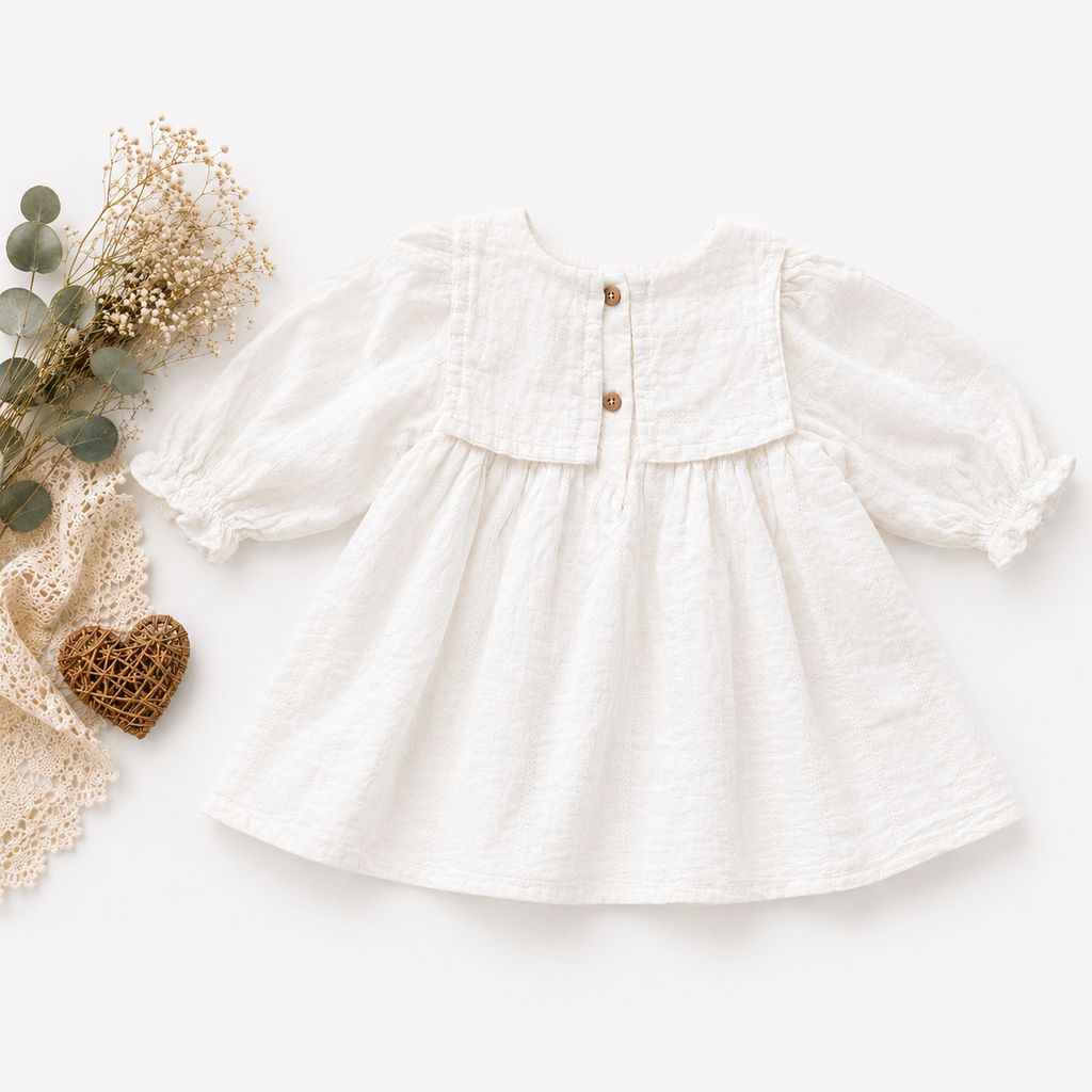 White Muslin Baby Girl Dress | Full Sleeve Puff Dress with Bow