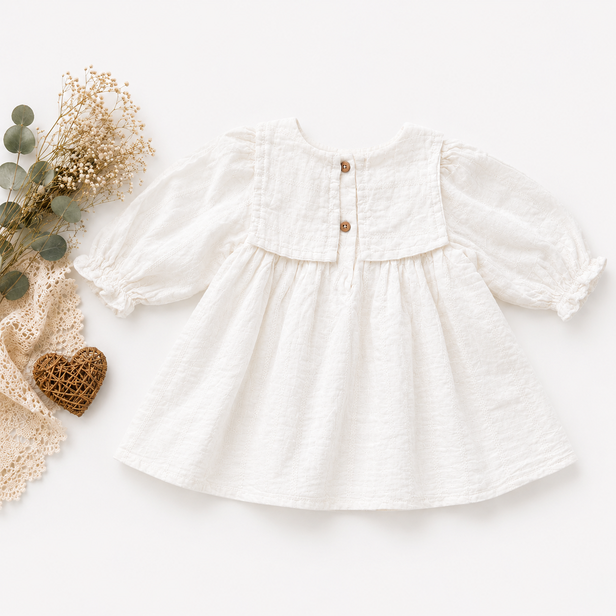 White Muslin Baby Girl Dress | Full Sleeve Puff Dress with Bow