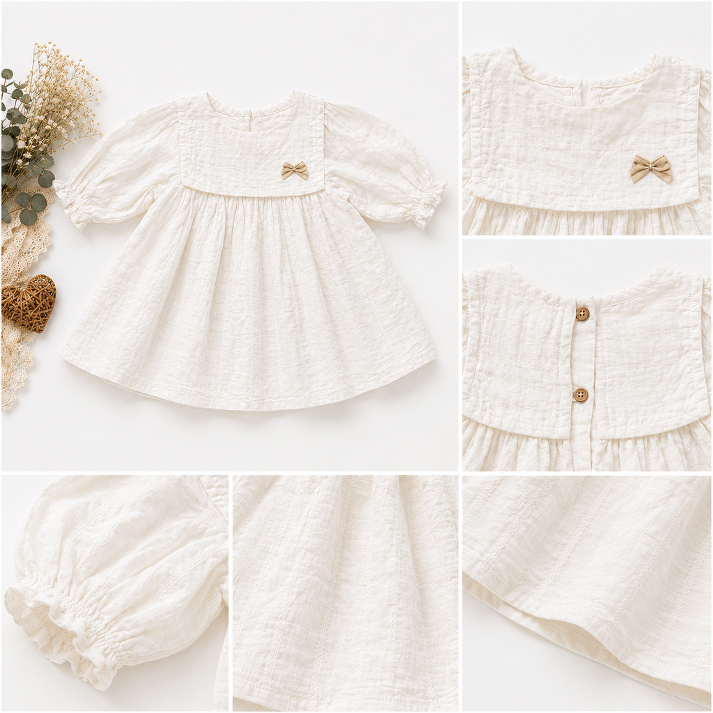 White Muslin Baby Girl Dress | Full Sleeve Puff Dress with Bow
