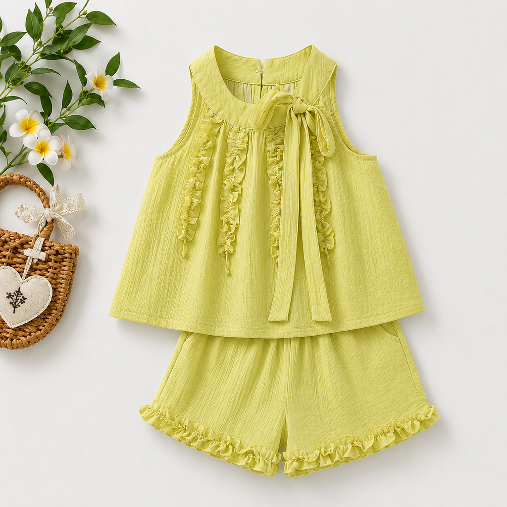 Lace Collar Ruffle Top, Beige & Yellow