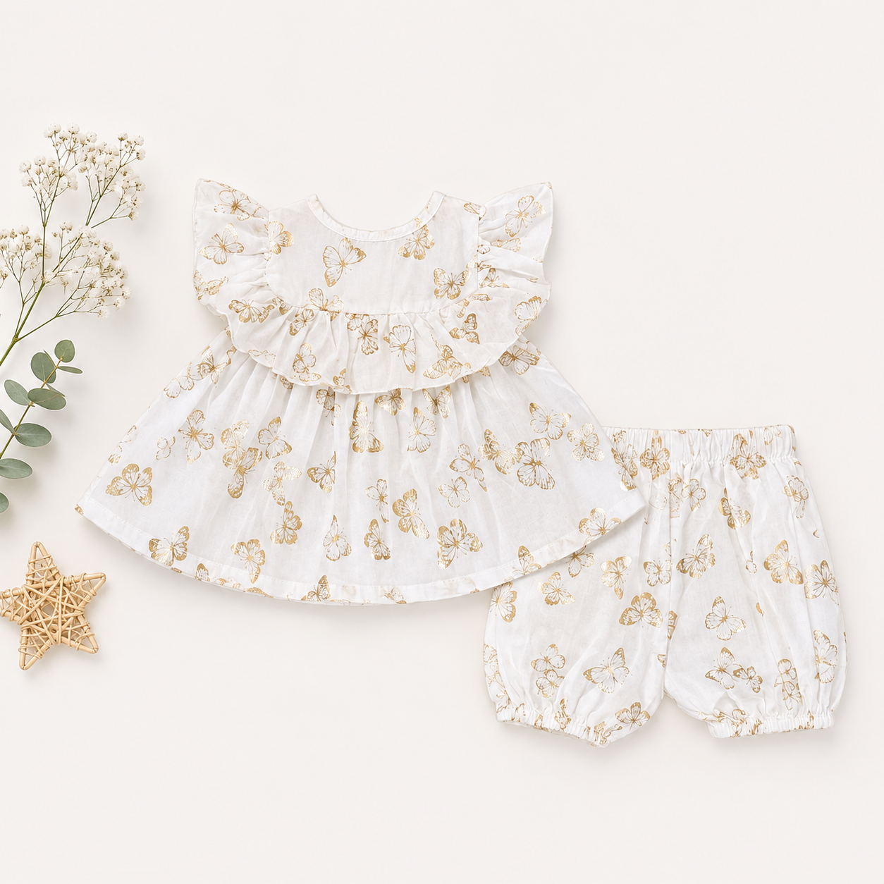 White Gold Butterfly Print Baby Girl Co-ord Set | Premium Flutter Sleeve Top & Bloomers (0–3 Years)