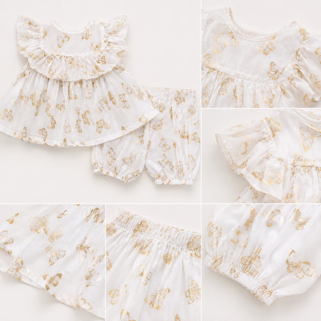 White Gold Butterfly Print Baby Girl Co-ord Set | Premium Flutter Sleeve Top & Bloomers (0–3 Years)