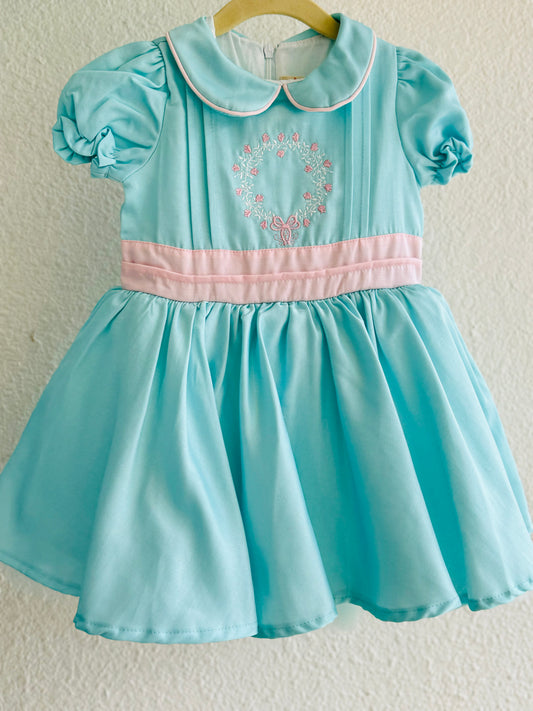Girls Powder Blue Party Dress with Pink Bow