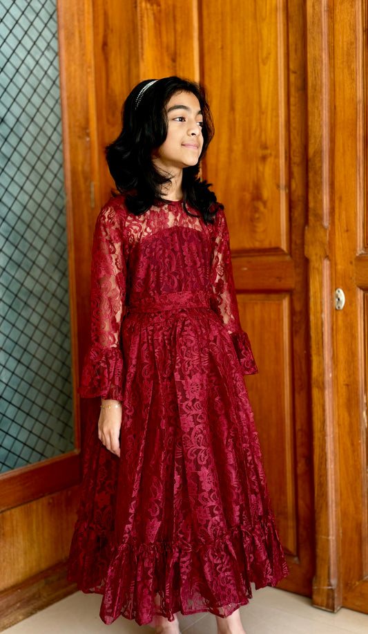 Burgundy Lace Party Dress for Girls