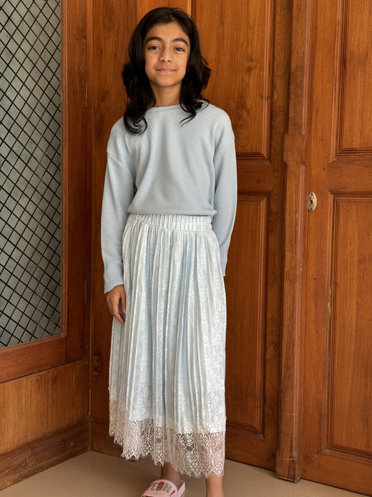 Girls Powder Blue Midi Skirt with Lace