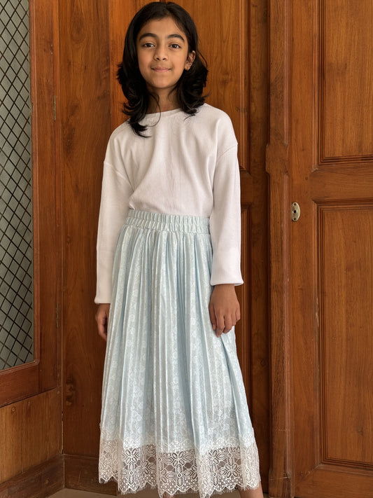 Elegant Ice Blue Pleated Lace Skirt with Classic White Top