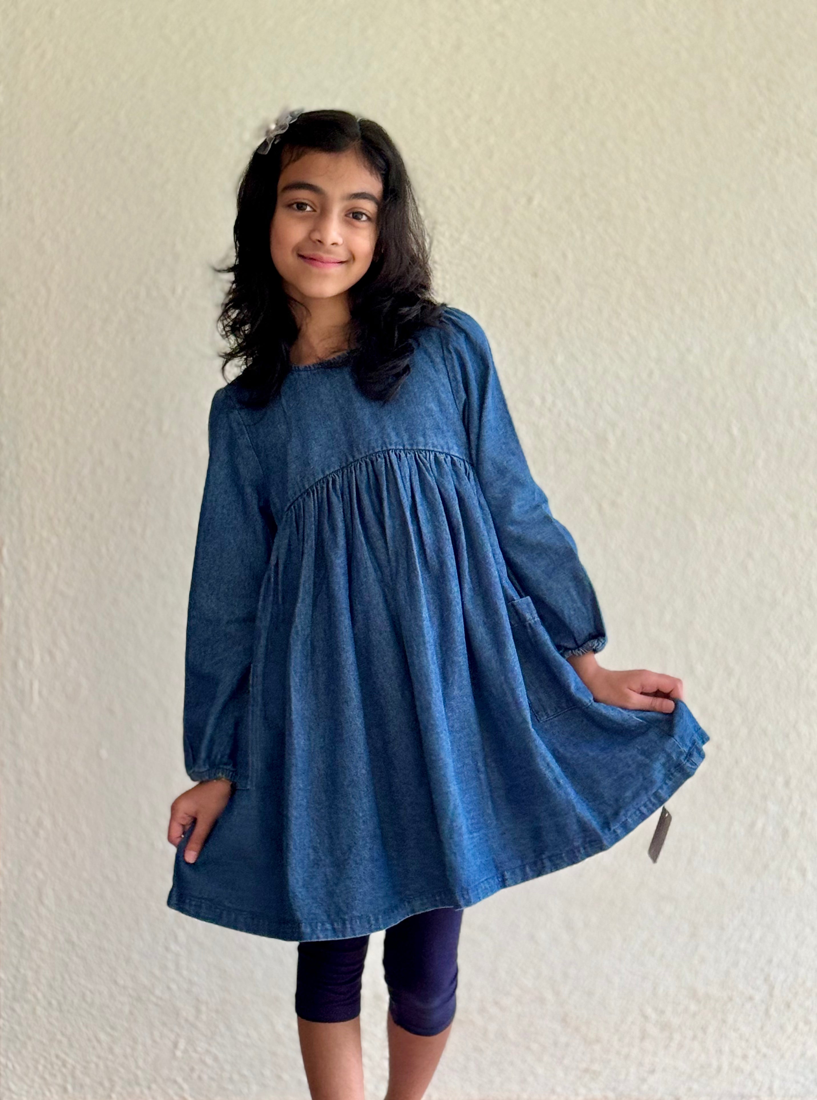 Girls’ Denim Long Sleeve Dress – Premium Cotton