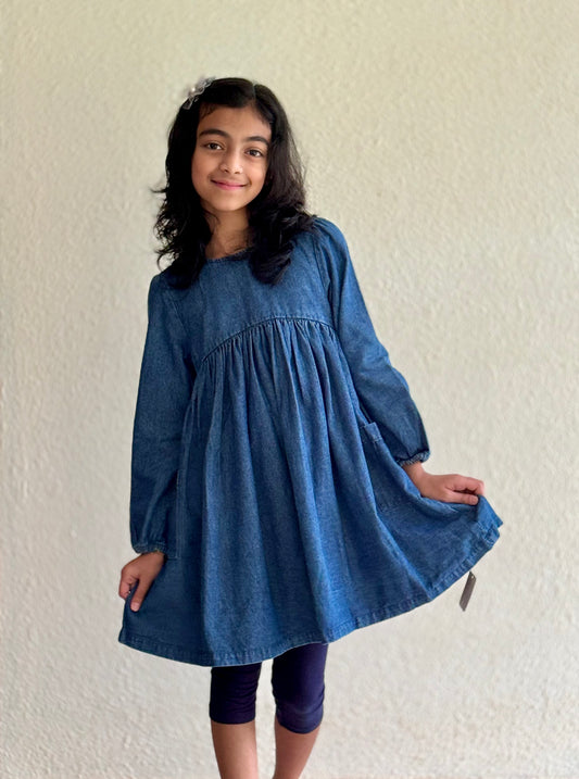 Girls’ Denim Long Sleeve Dress – Premium Cotton