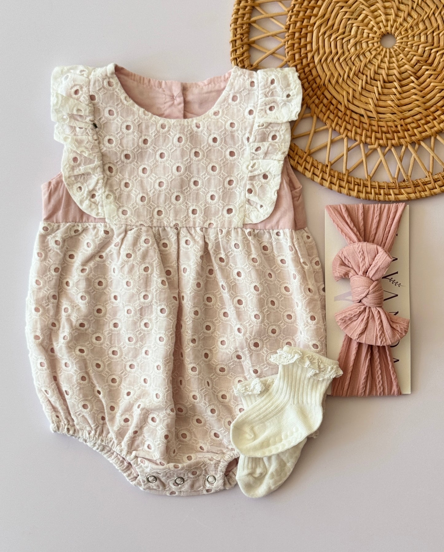 Pink Eyelet Baby Romper with Ruffle Yoke | Premium Baby Girl Partywear