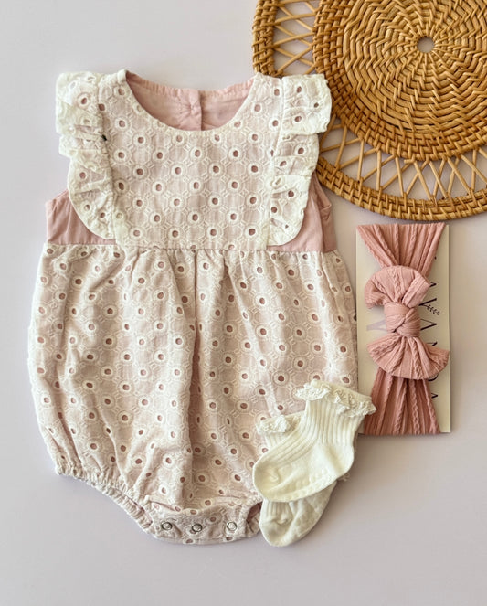 Pink Eyelet Baby Romper with Ruffle Yoke | Premium Baby Girl Partywear