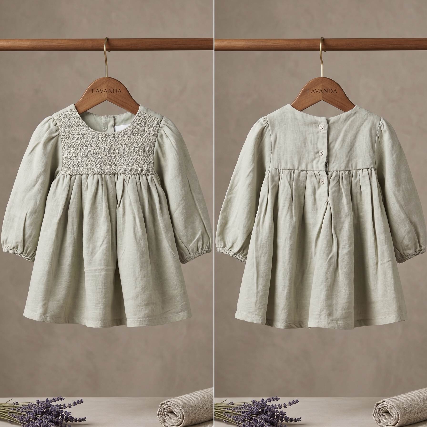 Lavanda Heritage Sage Smocked Linen Dress
