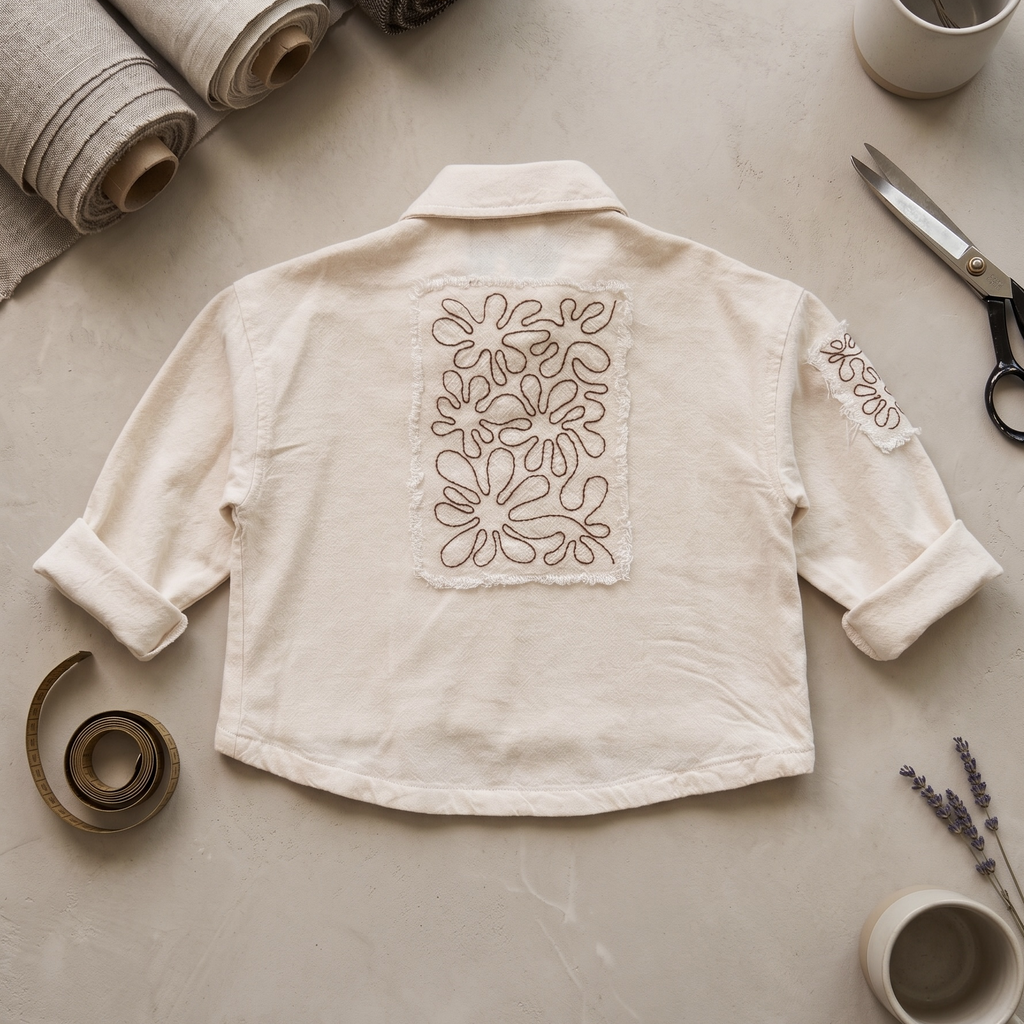 Kids Linen Embroidered Shirt – Minimal Patch Detail Button-Up Top