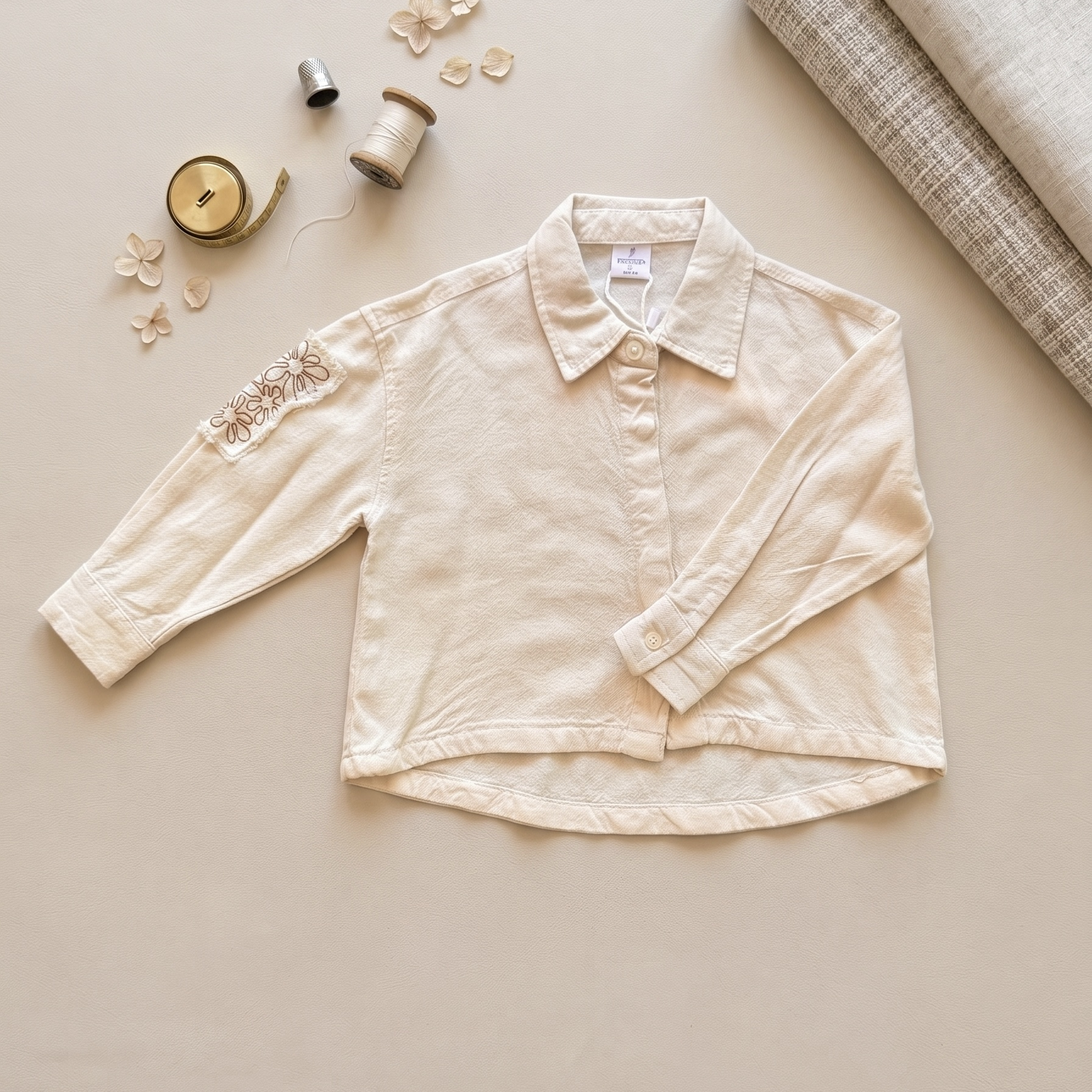 Kids Linen Embroidered Shirt – Minimal Patch Detail Button-Up Top