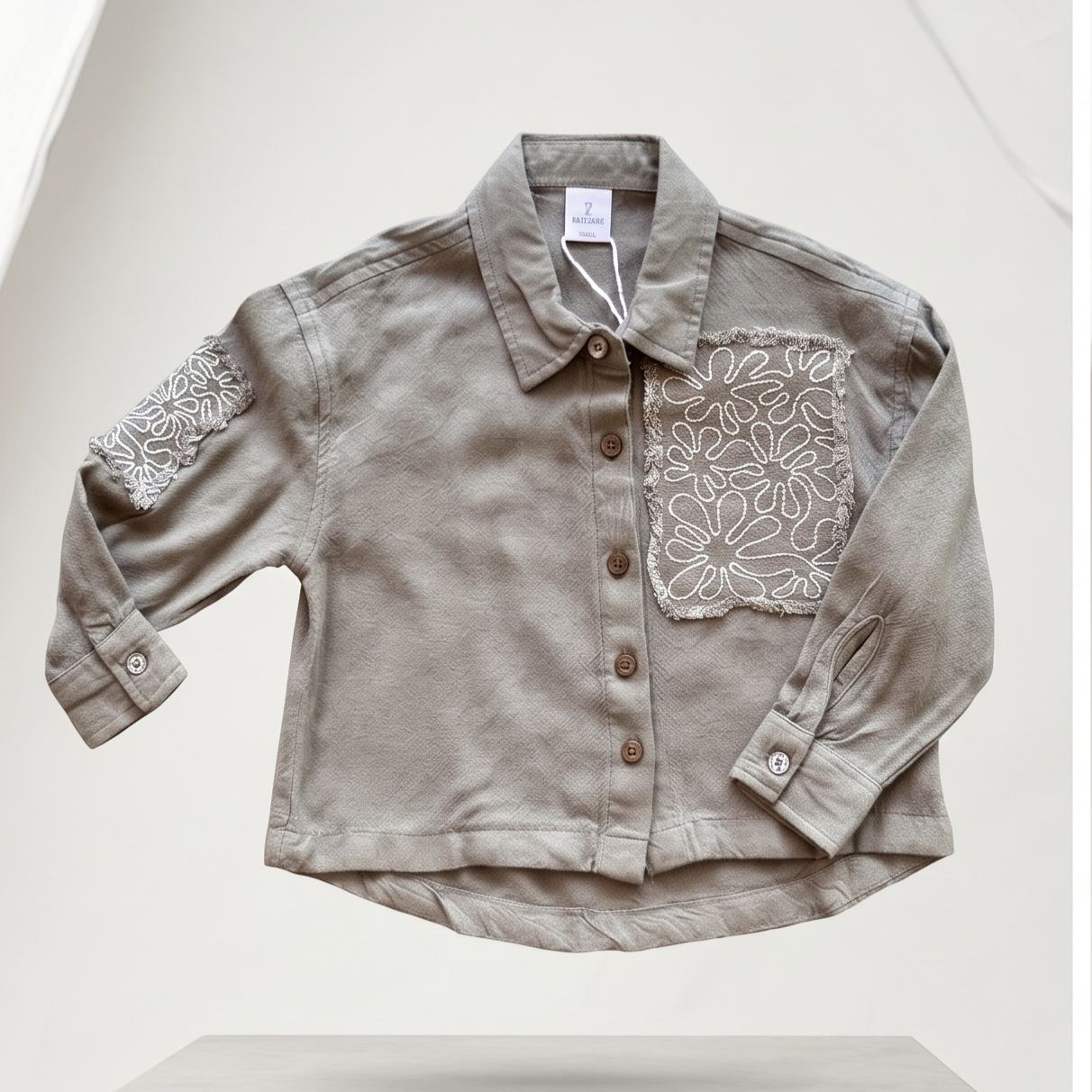 Kids Linen Embroidered Shirt – Minimal Patch Detail Button-Up Top