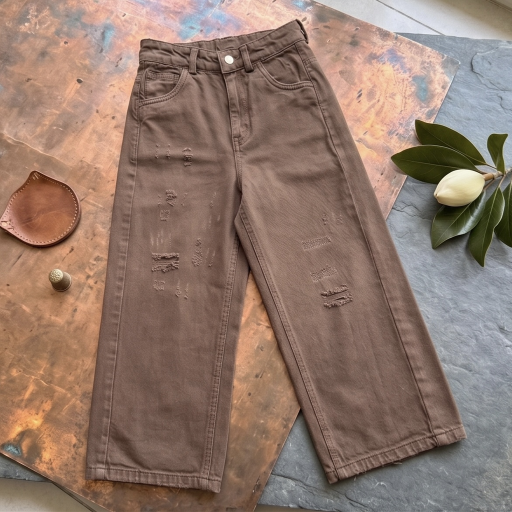 Mocha Edge Distressed Wide-Leg Denim