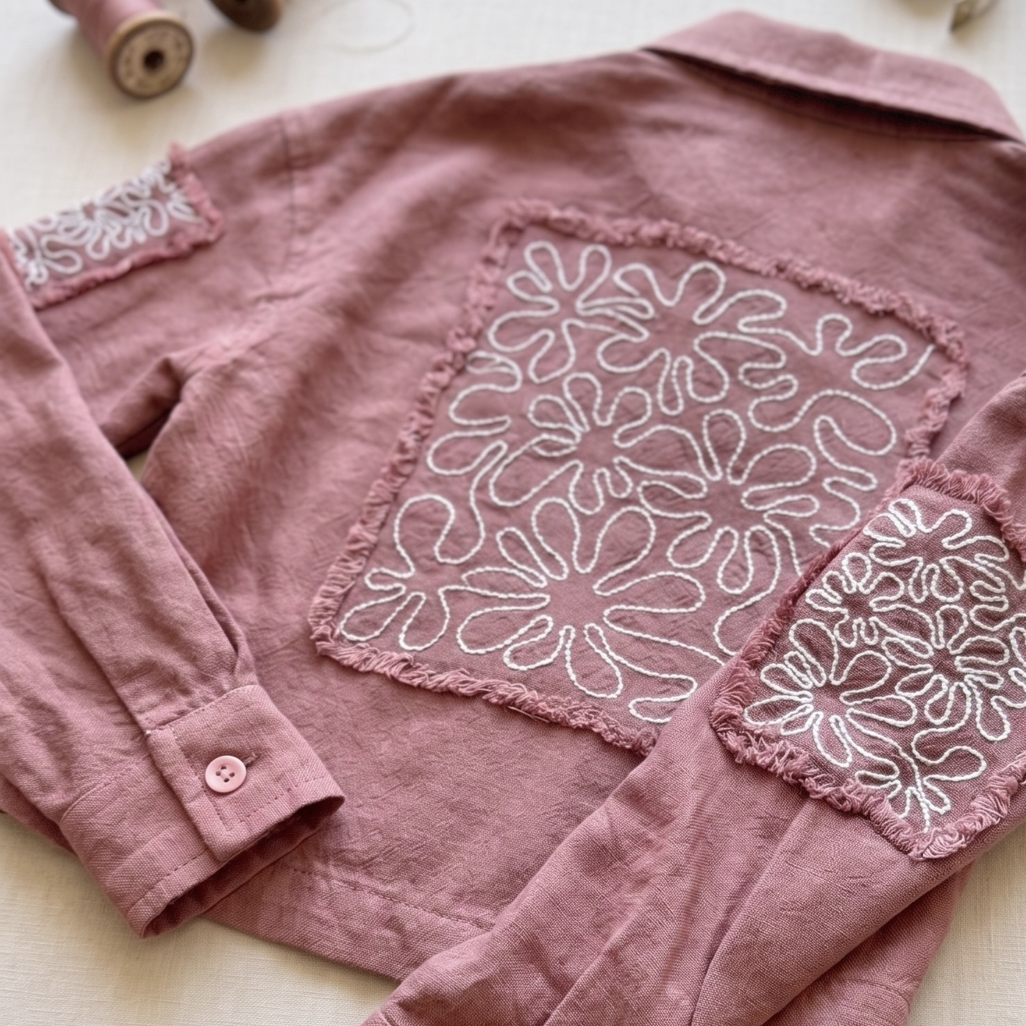 Kids Linen Embroidered Shirt – Minimal Patch Detail Button-Up Top